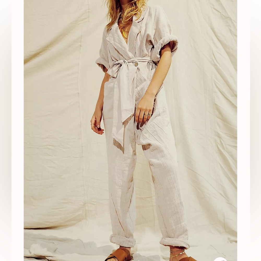 Free People Cream Linen Jumpsuit with Tie Waist